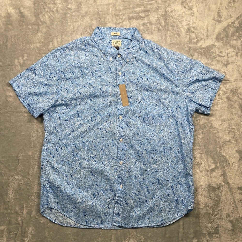 J.Crew Button Down Shirt Mens Blue Wave Print Slim Fit Short Sleeve AK186 XXL